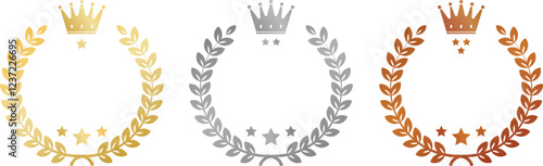 Number one, Number 2, Number 3, gold, silver, bronze crown laurel banner vector icon illustration white background.