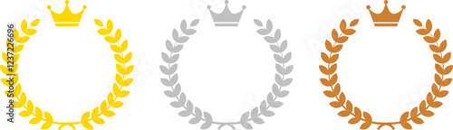 Number one, Number 2, Number 3, gold, silver, bronze crown laurel banner vector icon illustration white background.