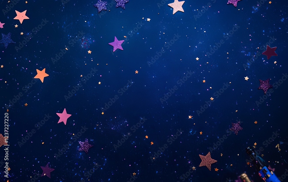 Dark blue background with star-shaped confetti and champagne bottles Dark blue background with star-shaped confetti and champagne bottles