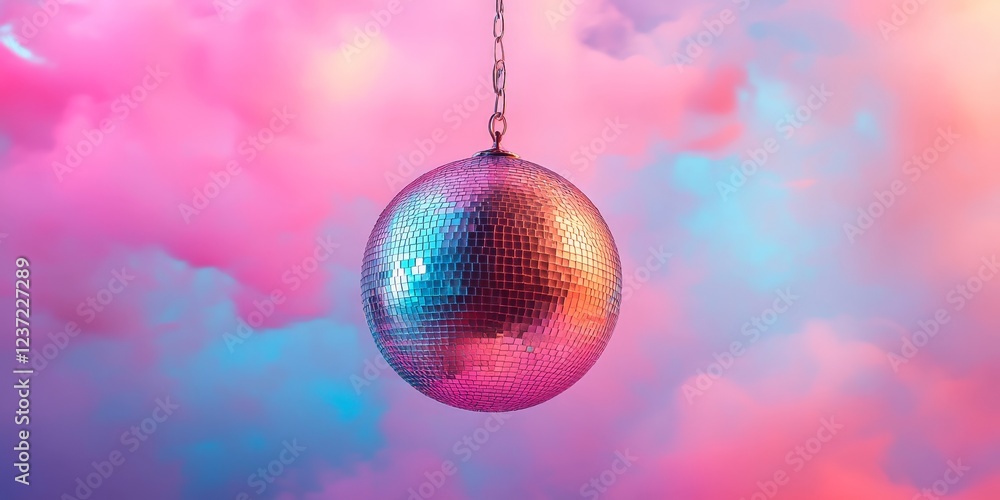 Fototapeta premium A classic disco ball with bright, colorful reflections, set against a pink and purple glowing background. Ideal for nightlife, parties, and music-themed content.