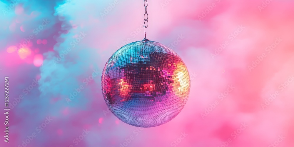 Fototapeta premium A classic disco ball with bright, colorful reflections, set against a pink and purple glowing background. Ideal for nightlife, parties, and music-themed content.