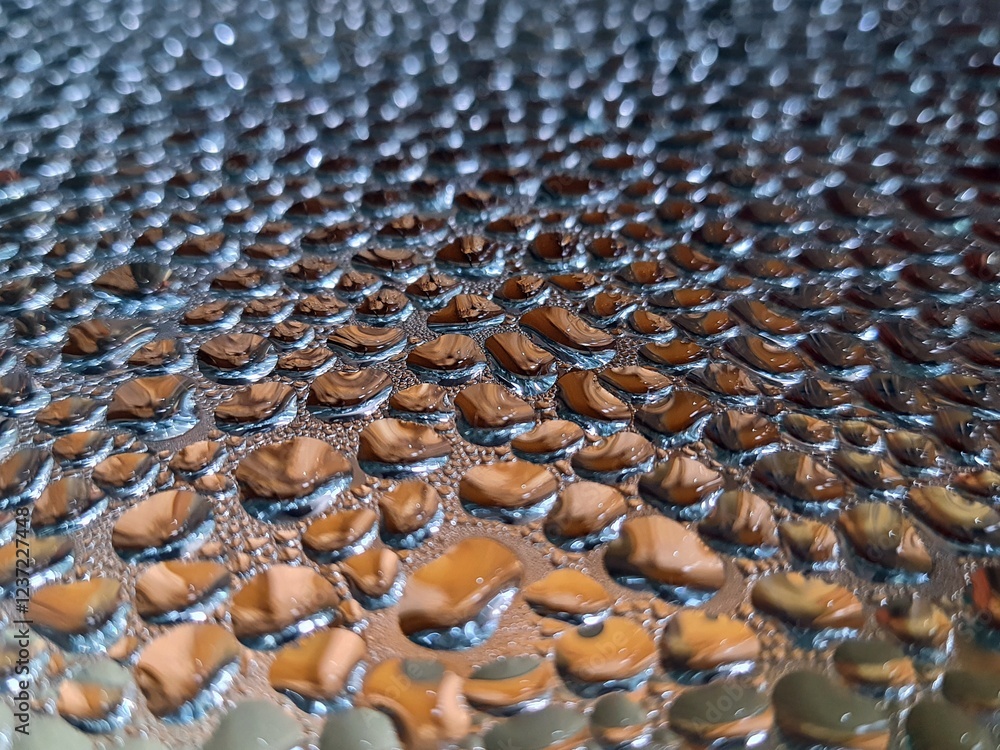Fototapeta premium Water droplets on metal surface with selective focus