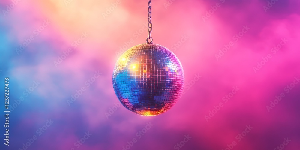 Fototapeta premium A classic disco ball with bright, colorful reflections, set against a pink and purple glowing background. Ideal for nightlife, parties, and music-themed content.