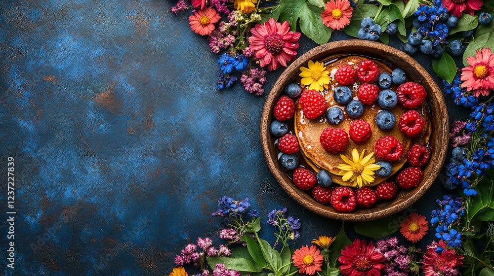 Fototapeta premium Colorful pancakes topped with fresh berries and flowers on a blue table