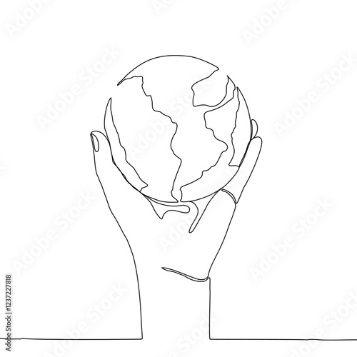 Continuous one line art drawing hands hold Earth globe. Save and protect earth planet linear concept. Vector illustration isolated on white background.