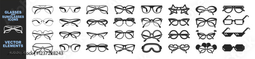Sunglass and glasses vector illustration on transparent background. Men and women glasses. Sun glasses hipster frame set, fashion black plastic rims