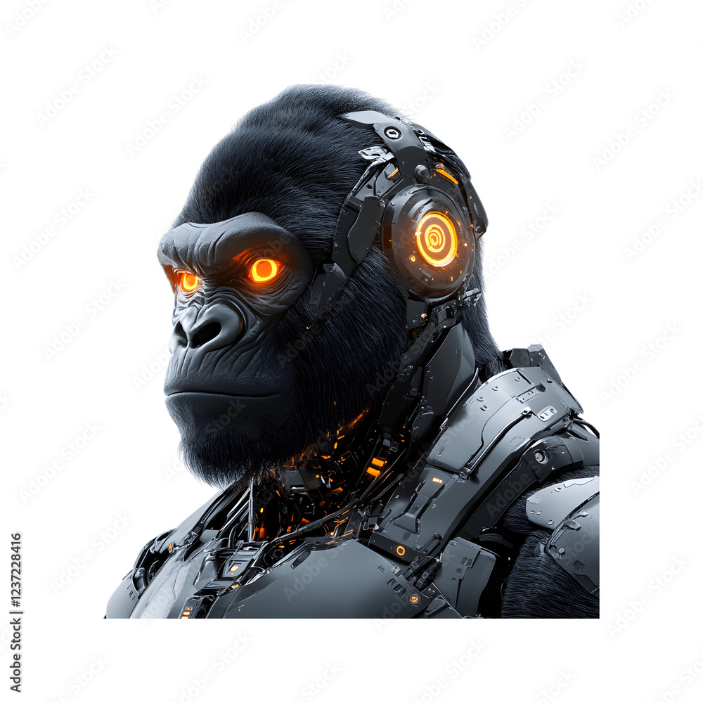 Robotic Gorilla with Glowing Orange Eyes Isolated on Transparent Background Robotic Gorilla with Glowing Orange Eyes Isolated on Transparent Background