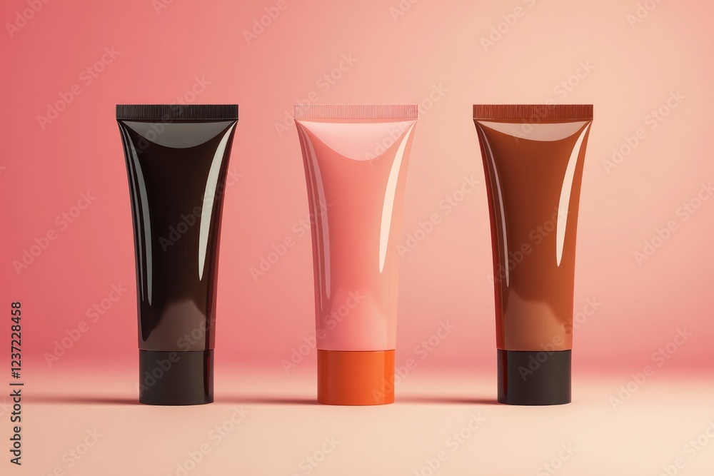 Three peach, nude, pink, sand, brown color cosmetic tube package mockup template Three peach, nude, pink, sand, brown color cosmetic tube package mockup template