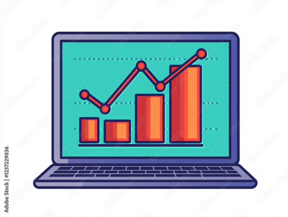 Digital illustration of a laptop displaying a colorful growth chart with upward trends Digital illustration of a laptop displaying a colorful growth chart with upward trends