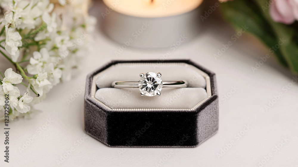 Elegant engagement ring displayed in a velvet box surrounded by soft floral arrangements Elegant engagement ring displayed in a velvet box surrounded by soft floral arrangements