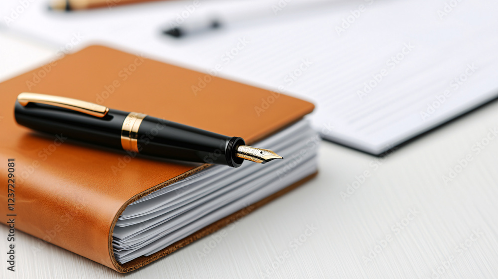 Elegant fountain pen resting on a stylish notebook with blank pages, perfect for writing ideas Elegant fountain pen resting on a stylish notebook with blank pages, perfect for writing ideas