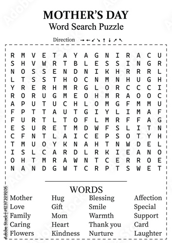 Mother's Day Word Search 15x15 Puzzle Game for Kids, Teens & Adults - Fun and Educational Activity Page with Hidden Words for All Ages