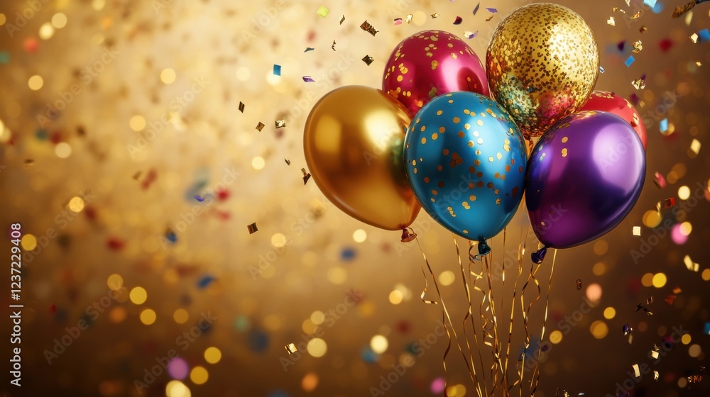 Colorful balloons and golden confetti celebration in warm illuminated setting Colorful balloons and golden confetti celebration in warm illuminated setting