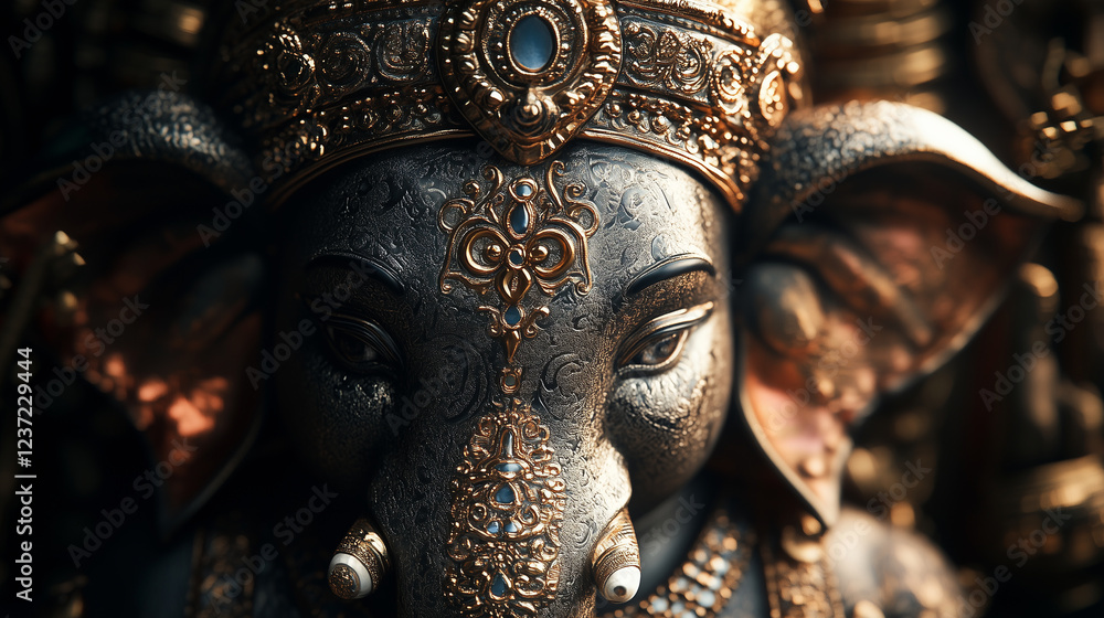Ganeshaâs crown adorned with shimmering jewels, with delicate engravings and divine symbols catching the warm temple light