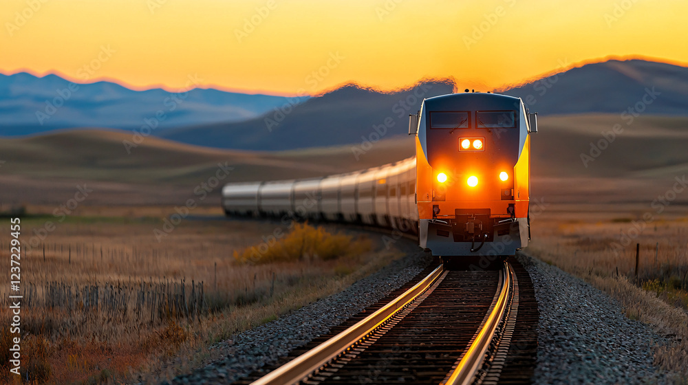 Scenic sunset view of a train traveling along curved tracks in a rural landscape Scenic sunset view of a train traveling along curved tracks in a rural landscape