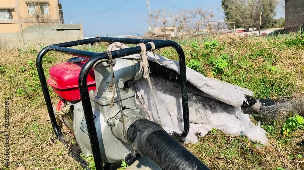 Gasoline water pump recoil start and background is blue sky. Gasoline water pump recoil start and background is blue sky.