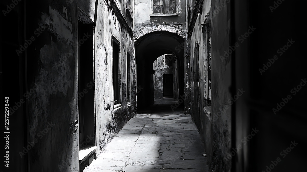 Obraz premium A dim-lit alley with shadows that obscure the way forward, creating a sense of doubt about what is hidden around the corner (2)