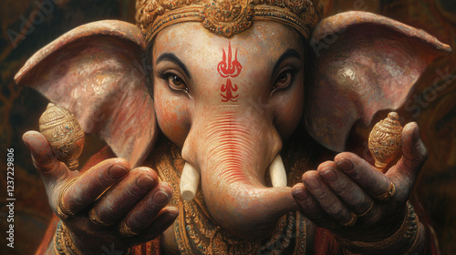 Ganeshaâs hands delicately blessing a devotee, his compassionate eyes full of kindness and divine grace photo