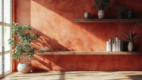 Minimalist living room with floating shelves and indoor plants in sunlit space