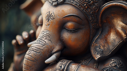 A close-up of Ganeshaâs calm and meditative expression, his trunk resting gently on his arm, exuding peaceful energy photo