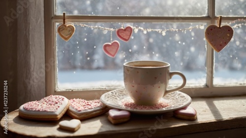 Cozy Romance: Steaming Mug and Heart Cookies in a Warm, Sentimental Setting photo