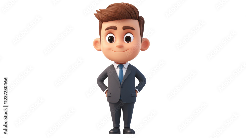 Smiling cartoon businessman character standing with hands on hips on transparent background