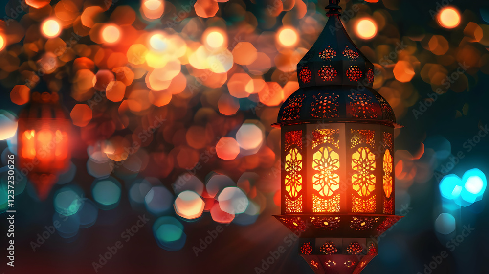 Fototapeta premium A decorative lantern glowing amidst a colorful bokeh background.