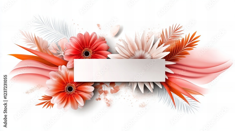 Obraz premium Vibrant gerbera daisies and tropical leaves create a stunning floral arrangement with a blank space for your text.