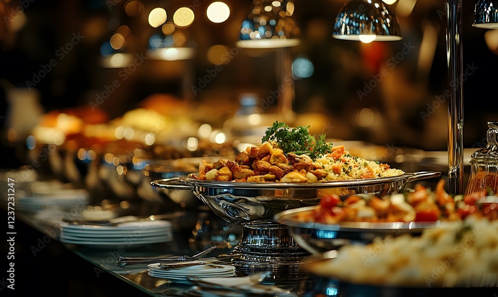 A lavish buffet display with various dishes and elegant serving platters, showcasing abundance A lavish buffet display with various dishes and elegant serving platters, showcasing abundance