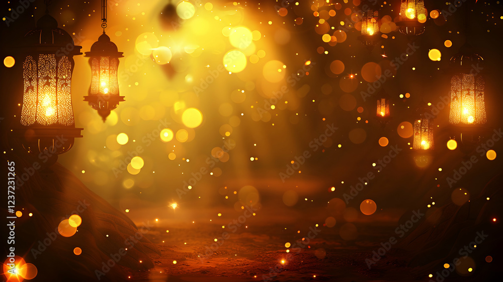 Obraz premium A warm, glowing scene with lanterns and soft bokeh, creating a magical ambiance.