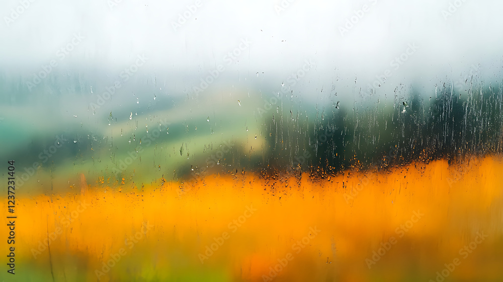 Obraz premium A blurred landscape viewed through a rain-covered window, conveying the feeling of uncertainty and doubt (2)