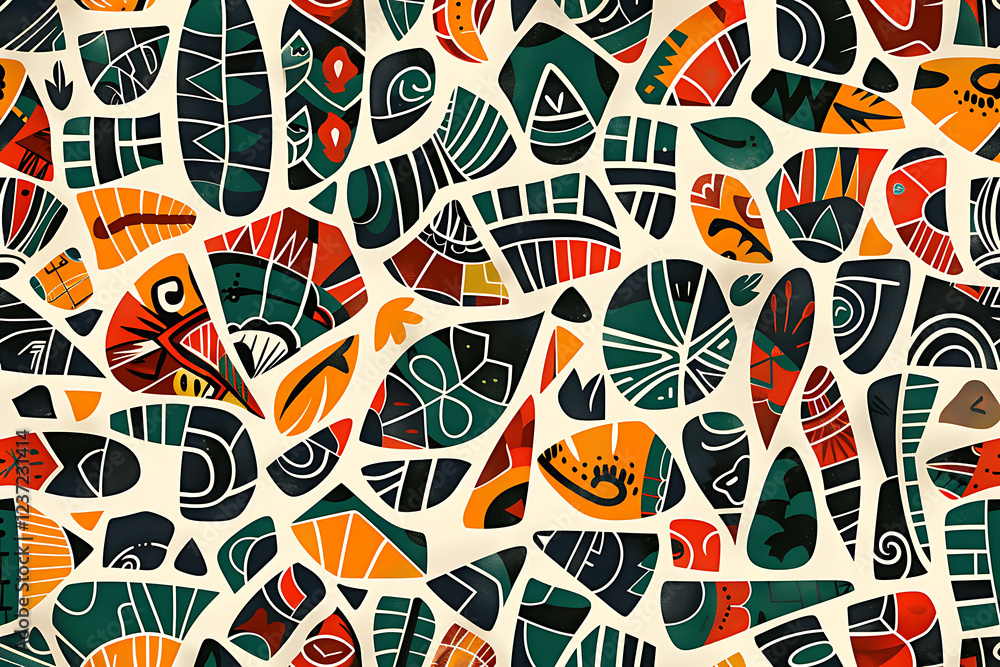 Fototapeta premium african tribal pattern, a digital illustration of vibrant african tribal designs in a fine art print style, with an earthy color palette, seamless tileable design