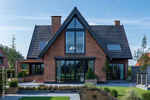 architectural photography, an even, centered view of a gable-style suburban house with a sharp triangular roof peak and clean lines, set against clear blue skies a photorealistic, high-detail