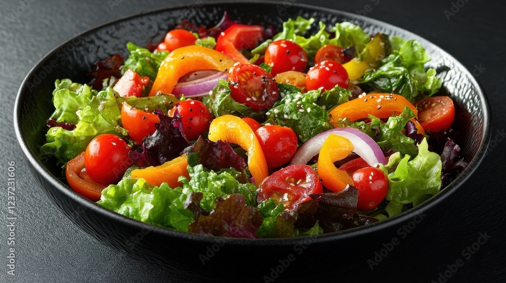 Fresh vegetable salad with cherry tomatoes, bell peppers, and leafy greens in black bowl Fresh vegetable salad with cherry tomatoes, bell peppers, and leafy greens in black bowl