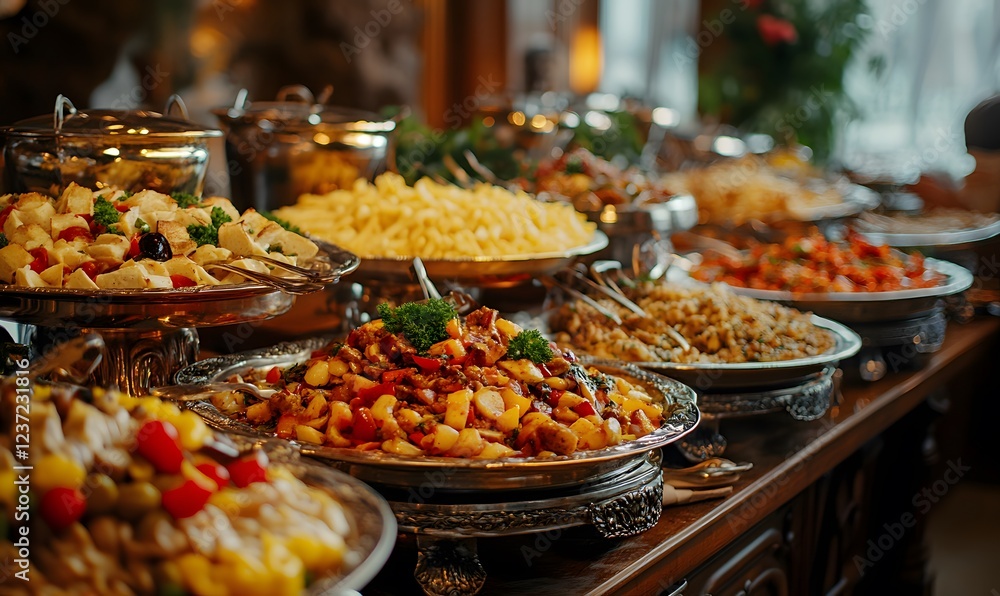 Obraz premium A sumptuous buffet table filled with various delicious dishes and ornate platters
