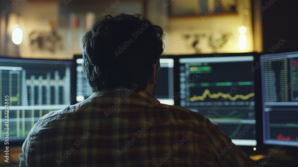 Back view of financial analyst working late at night in his office, analyzing charts and data displayed on multiple computer screens, focused on innovative production strategies Back view of financial analyst working late at night in his office, analyzing charts and data displayed on multiple computer screens, focused on innovative production strategies