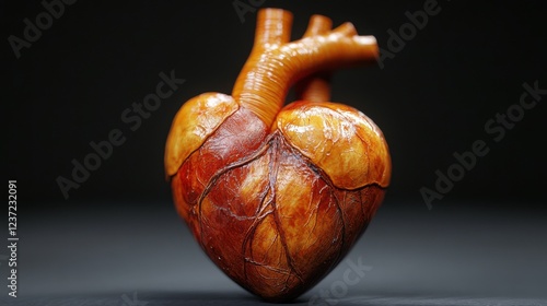 Realistic artificial human heart model with vascular details on dark background