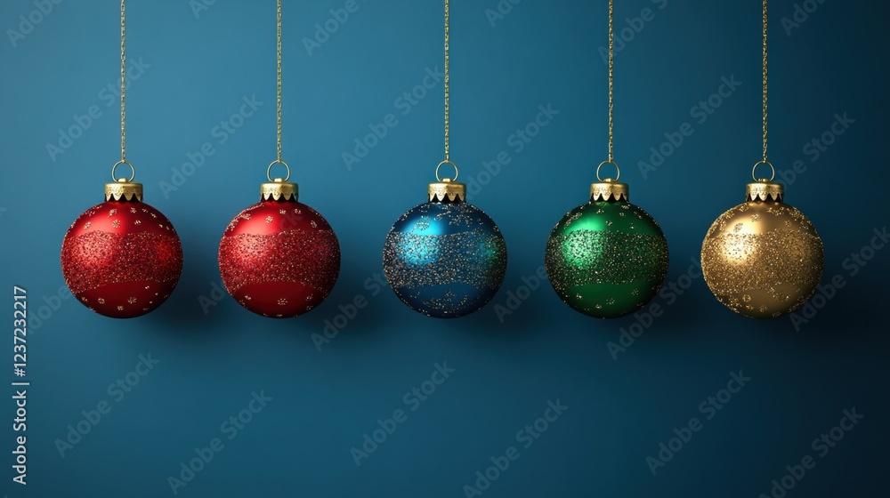 Five sparkling christmas ornaments: red, green, and gold baubles on blue background Five sparkling christmas ornaments: red, green, and gold baubles on blue background