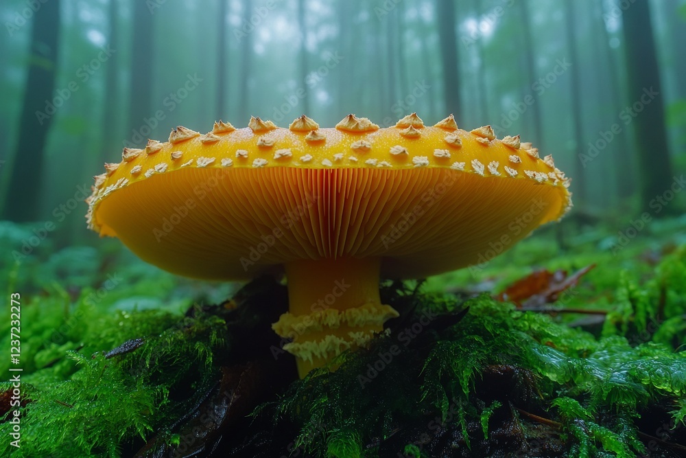 Fototapeta premium Enchanting Wild Mushroom Amidst Lush Mossy Forest, Nature's Serene Beauty Captured in a Single Frame