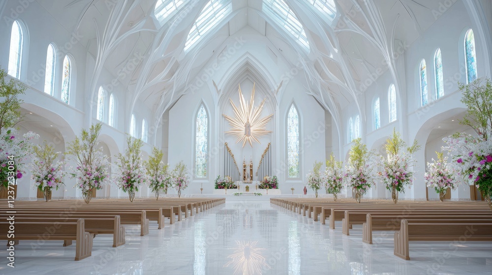 Fototapeta premium Modern white church interior, floral arrangements, peaceful atmosphere, wedding ceremony background