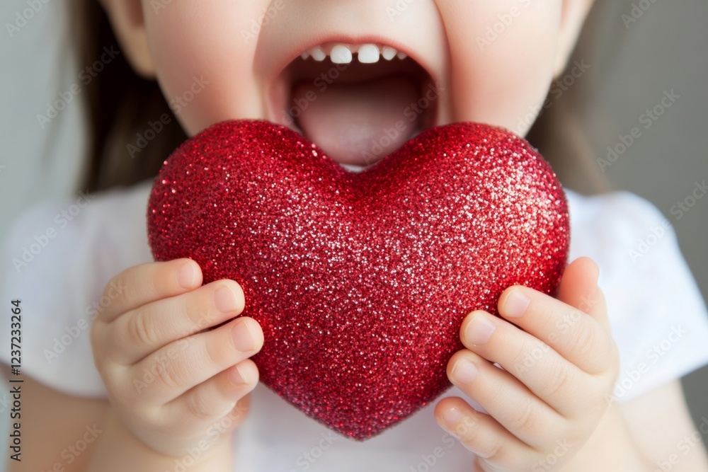 custom made wallpaper toronto digitalSign of love. Сhildren valentine's day greeting card: toddler girl with cheerful face holds red heart in hands. Commercial marketing visual idea. Adorable child valentine's. Child with heart.