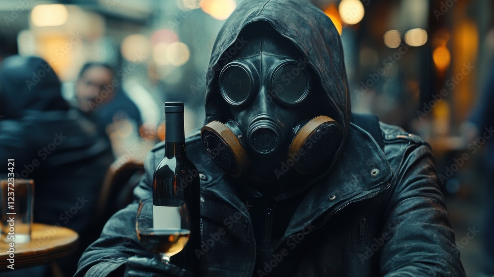 Person in gas mask holding wine glass at outdoor cafe in urban setting Person in gas mask holding wine glass at outdoor cafe in urban setting