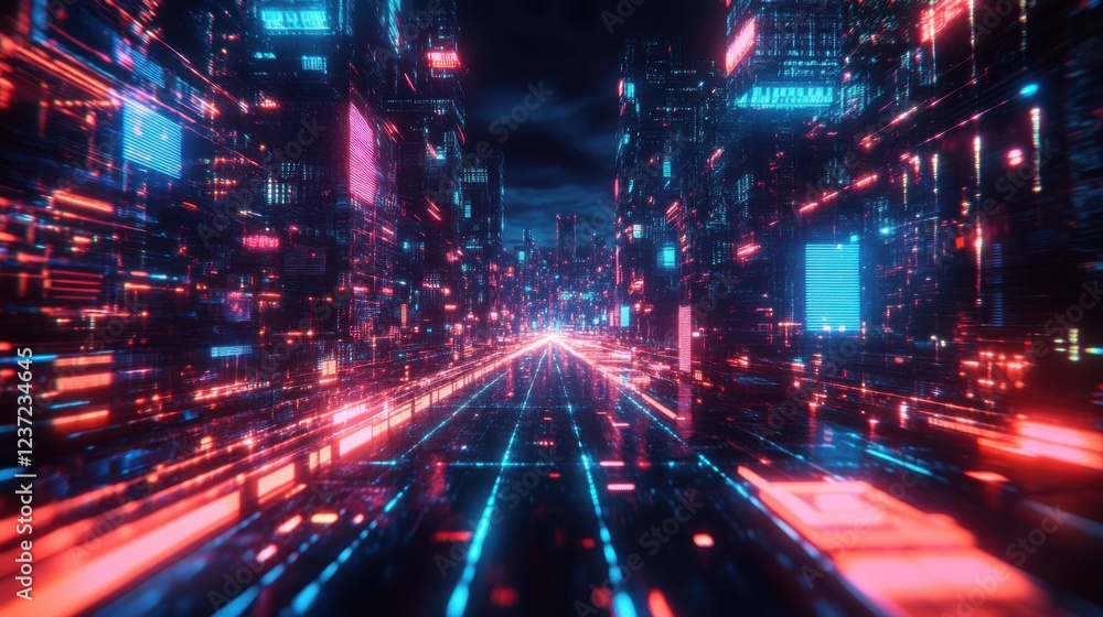 Futuristic cyberpunk cityscape with neon lights in virtual digital metaverse environment Futuristic cyberpunk cityscape with neon lights in virtual digital metaverse environment
