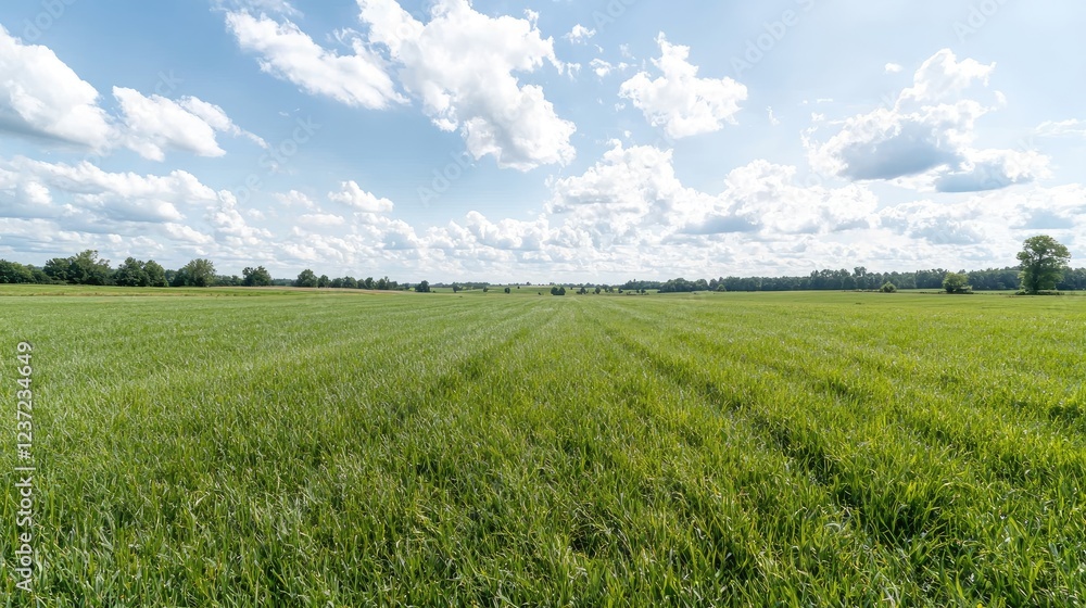 Lush green field under a sunny sky, idyllic rural landscape, perfect for agriculture or nature themes Lush green field under a sunny sky, idyllic rural landscape, perfect for agriculture or nature themes