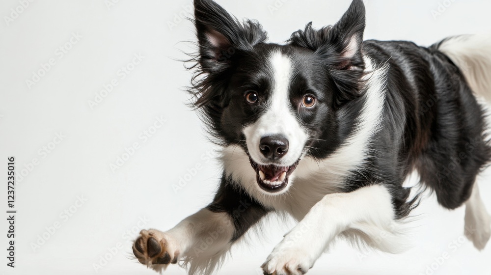 Fototapeta premium Energetic border collie running towards camera against white background