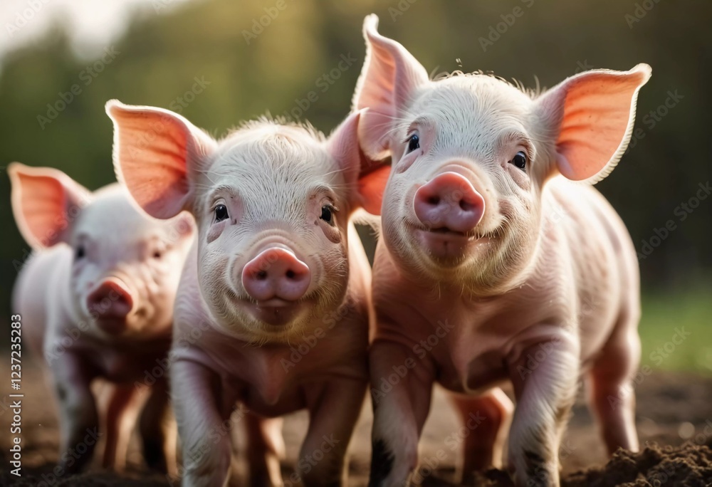 Adorable piglets stands together, their curious faces expressing playful energy under the warm sunlight. Playful nature in a sunny farmyard setting. Cute piglets gathered together. Generative AI Adorable piglets stands together, their curious faces expressing playful energy under the warm sunlight. Playful nature in a sunny farmyard setting. Cute piglets gathered together. Generative AI