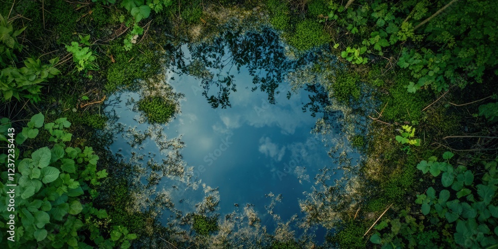 Mossy pool of water reflecting sky, surrounded by green foliage and twigs. Mossy pool of water reflecting sky, surrounded by green foliage and twigs.