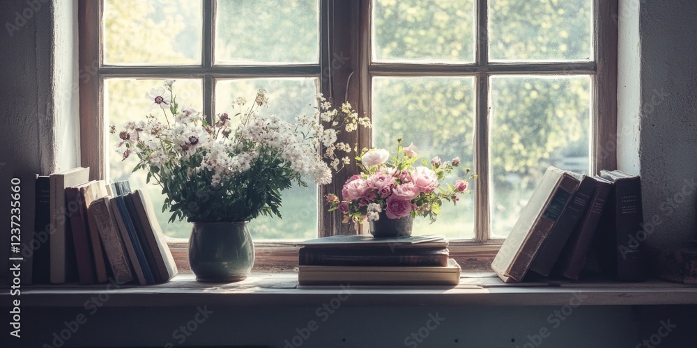 A window sill with a vase of flowers and a stack of books. The flowers are white and the books are arranged in a neat stack. Concept of calm and relaxation, as the flowers and books create a cozy A window sill with a vase of flowers and a stack of books. The flowers are white and the books are arranged in a neat stack. Concept of calm and relaxation, as the flowers and books create a cozy