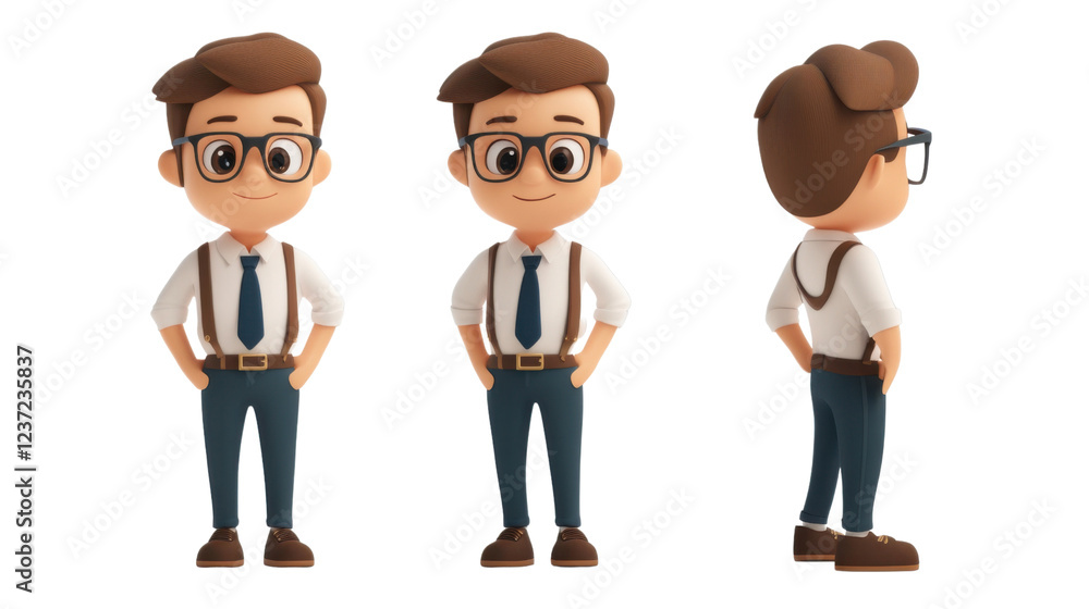 Cartoon office worker character standing with hands in pockets in three different poses on transparent background Cartoon office worker character standing with hands in pockets in three different poses on transparent background