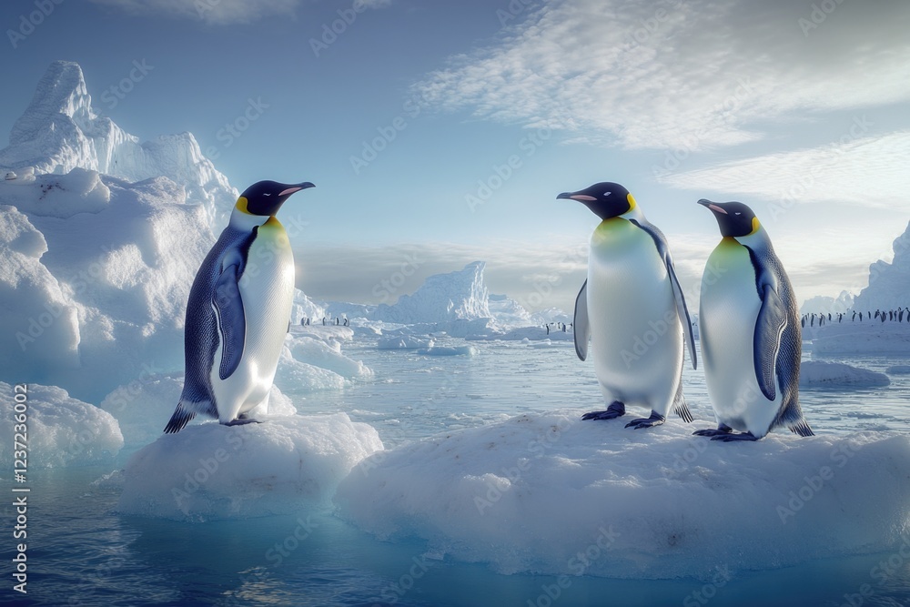 Naklejka premium Three penguins on floating ice, daytime sky in background.